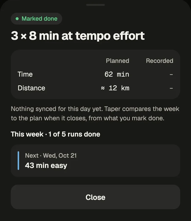 Taper marked done sheet for a 3 by 8 minute tempo session: 62 minutes, about 12 km planned.