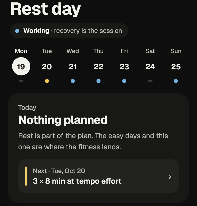 Taper rest day: nothing planned, rest is part of the plan, next up a 3 by 8 minute tempo session on Tuesday.