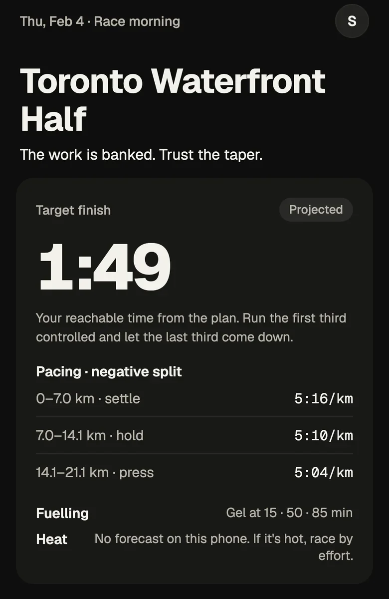 Taper race morning screen: target finish 1:49, negative-split pacing of 5:16, 5:10 and 5:04 per kilometre for each third, gels at 15, 50 and 85 minutes, and a heat note.