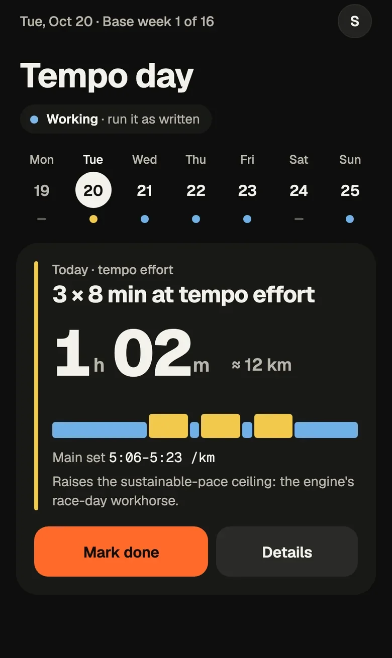 Taper Today screen: Tempo day, a Working readiness chip, the week strip, and today's 3 by 8 minute tempo session at 1 hour 2 minutes with its pace and a Mark done button.